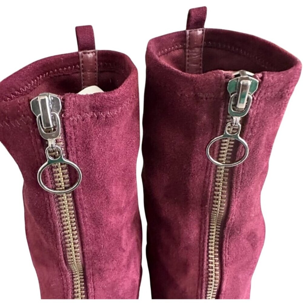 Burgundy Suede Ankle Booties With Front Zipper & Block Heels - Picture 7 of 13